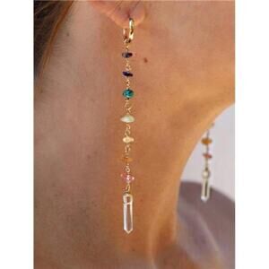 Gold Chain Dangle Earrings with Multicolor Gemstones & Clear Crystal Pendant
